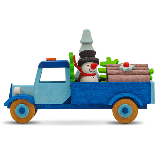 Snowman in a Truck Wooden Ornament – Christmas ornament by Graupner Holzminiaturen