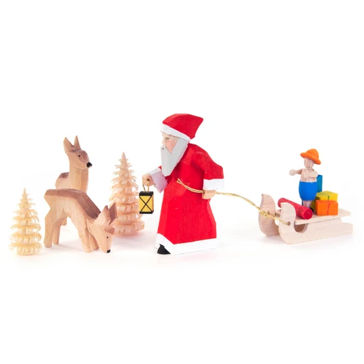 Carved Santa with Sleigh Deer and Trees | 2.5 Inches – Christmas ornament by Bettina Franke