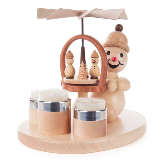 Junior Snowman holding a Pyramid - Tealight Pyramid | 7.8 Inches – German Christmas smoker by Wagner, Volkmar