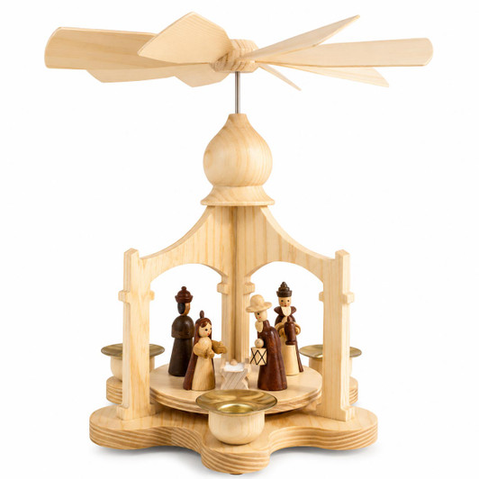 A beautifully handcrafted German Christmas pyramid featuring a traditional Nativity scene with turned wooden figures. Made from natural wood and powered by pyramid candles for a timeless holiday display.