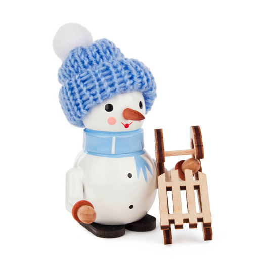 Wooden Snowman with Sleigh Figurine - 3.15 Inches Tall – Christmas ornament by Schneemannwelt Lorenz