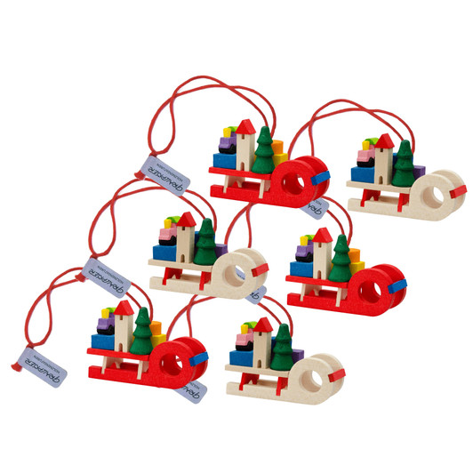 Sled Shaped Wooden Ornament - Set of 6