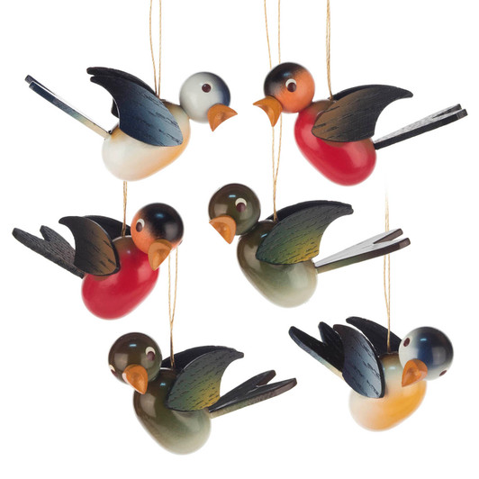 Wooden Painted Bird German Ornament - Set of 6