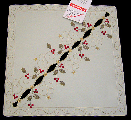 German Holiday Holly Square Table Topper – German handcrafted gift by Funke Stickerei GmbH