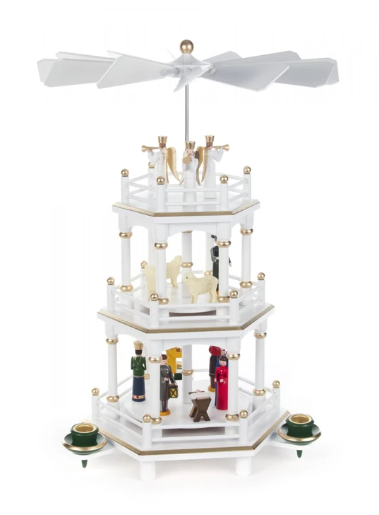 Christmas German Pyramid White Gold Carousel 3 Level – Christmas pyramid by Volker & Heiko Flath