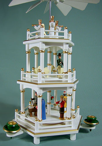 Christmas German Pyramid White Gold Carousel 3 Level – detail view of the Christmas pyramid