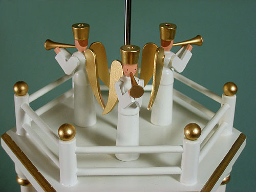Christmas German Pyramid White Gold Carousel 3 Level – side view of the Christmas pyramid