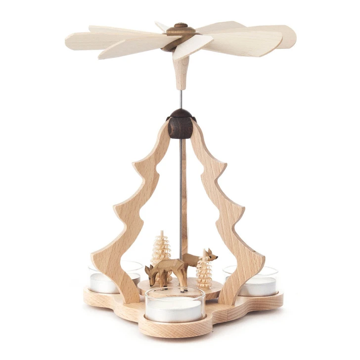 Tree Shape Pyramid with Hand Carved Deer Natural German Carousel – Christmas pyramid by Zeidler Holzkunst GmbH