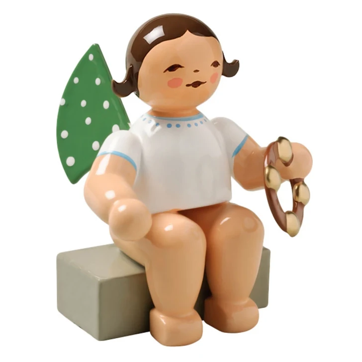 WENDT & KÜHN Brunette Angel Tambourine Figurine Sitting – Christmas Figurine