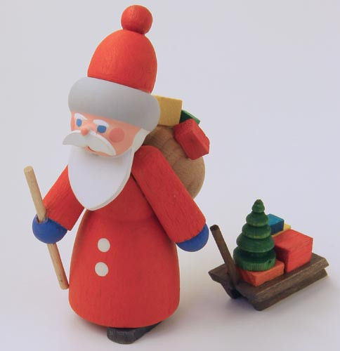 Wooden German Santa Handmade Figurine with Sled – alternate view of the Christmas ornament