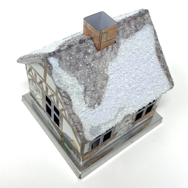 Miniature Metal Winter Log Cabin German Smoker – side view of the German Christmas smoker