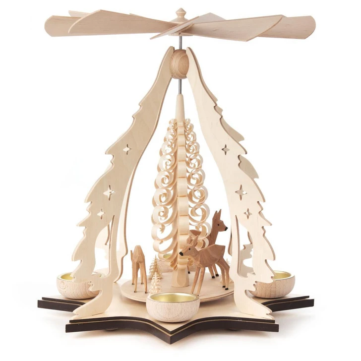 Carved Tree with Deer and Doe German Pyramid – Christmas pyramid by Kunstgewerbe Taulin