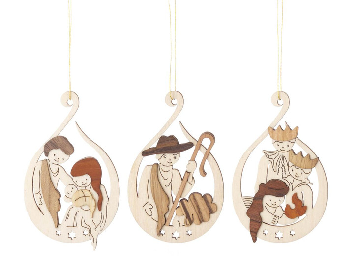 Nativity Birth of Christ Wooden German Set of 3 Christmas Ornaments