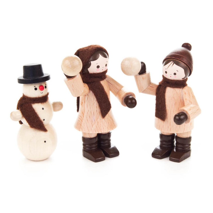  Kids Snowball Fight with Snowman Wooden German Figurine 3 Piece Set FGD232x102x30