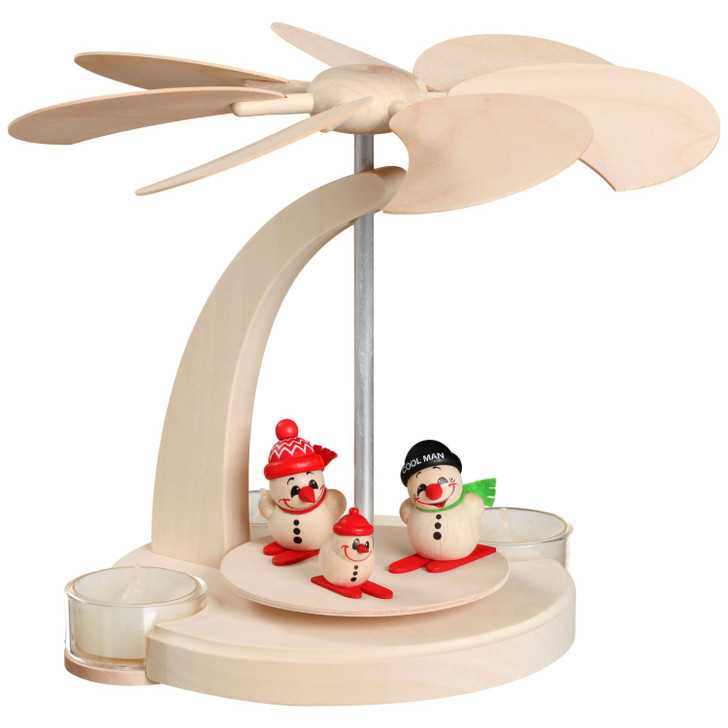 Pyramid Snowman Skiing Natural Tealight Carousel – Christmas pyramid by Seiffener Volkskunst eG