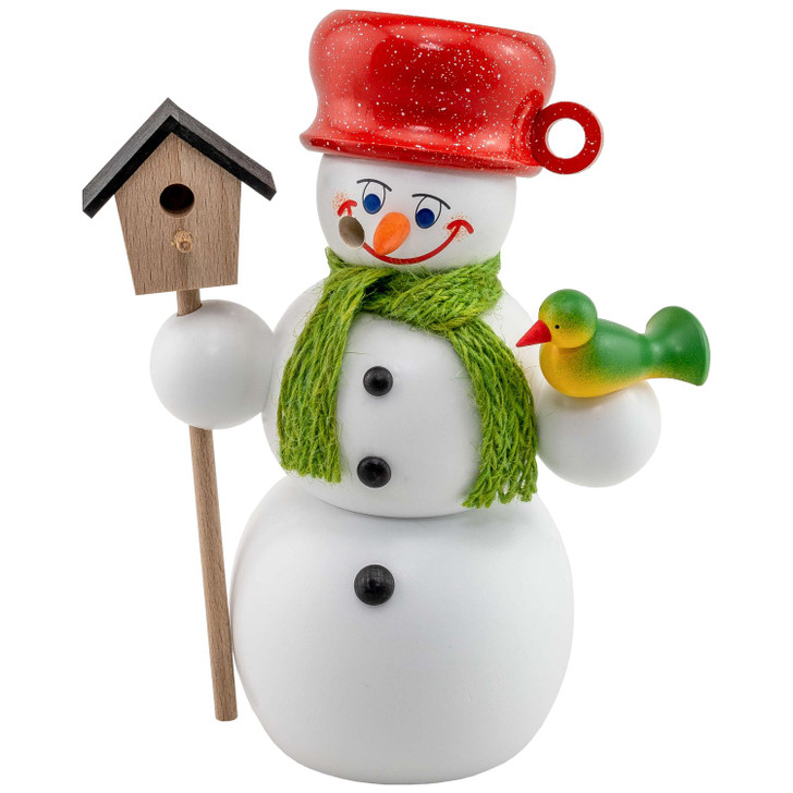 Happy Bird Loving Snowman German Smoker Figurine | 14cm