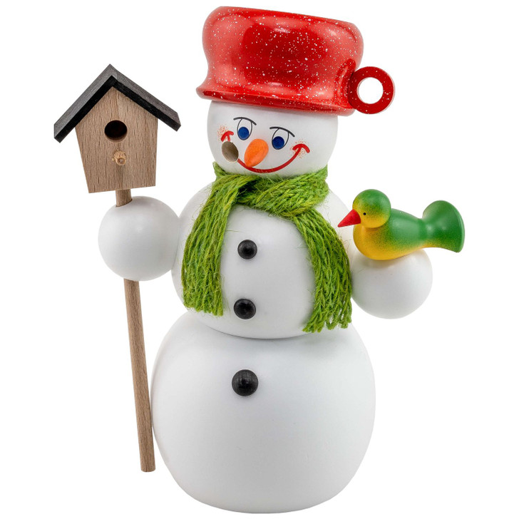 Happy Bird Loving Snowman German Smoker | 5.5 Inches Tall – German Christmas smoker by Seiffener Volkskunst eG