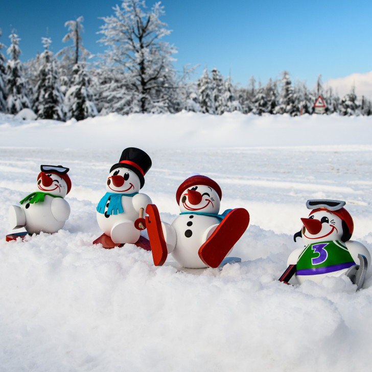MINI Snowman Falling on Skis German Smoker Incense Figure | 11cm – side view of the German Christmas smoker