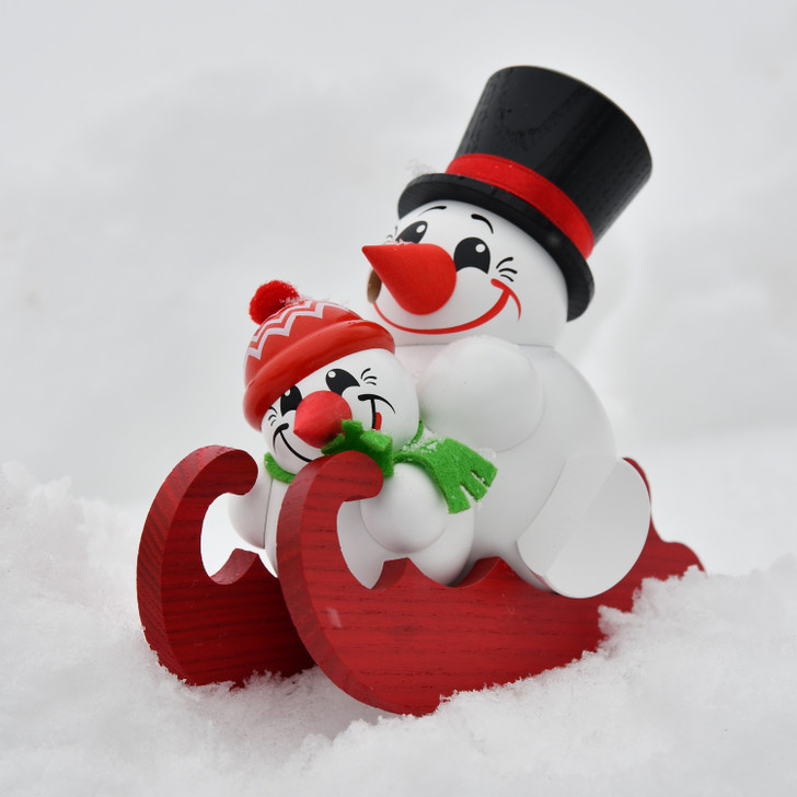 MINI Double Snowman on Sled German Smoker Incense Figure | 4.5 Inches | 12cm – detail view of the German Christmas smoker