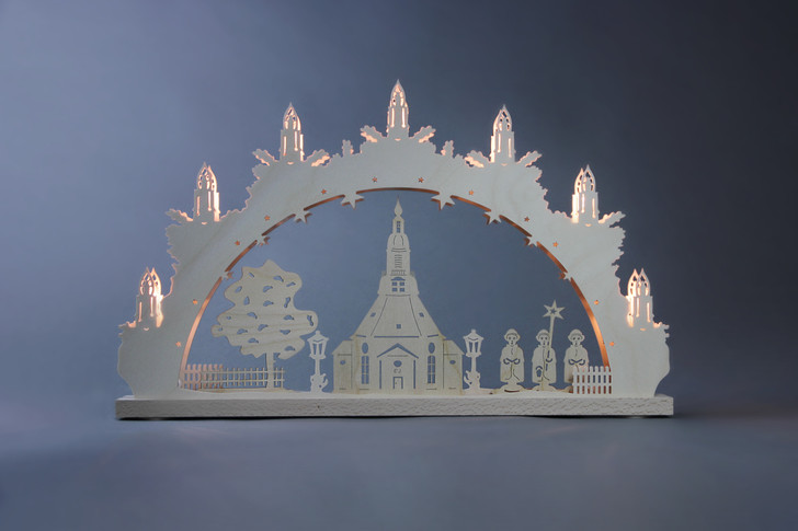 Seiffen Church and Carolers Scene - German Arch Lamp - Schwibbogen – alternate view of the Christmas light arch
