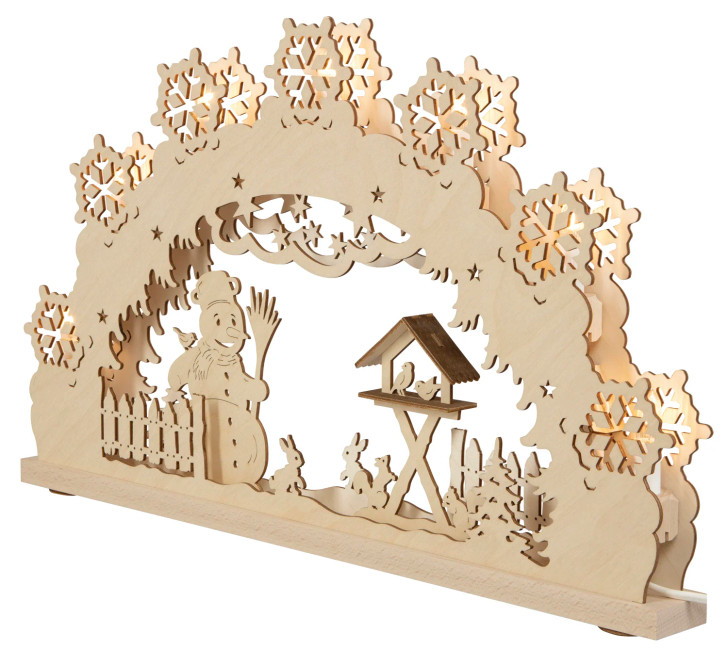 Snowman and the Birds Scene - German Arch Lamp - Schwibbogen – detail view of the Christmas light arch