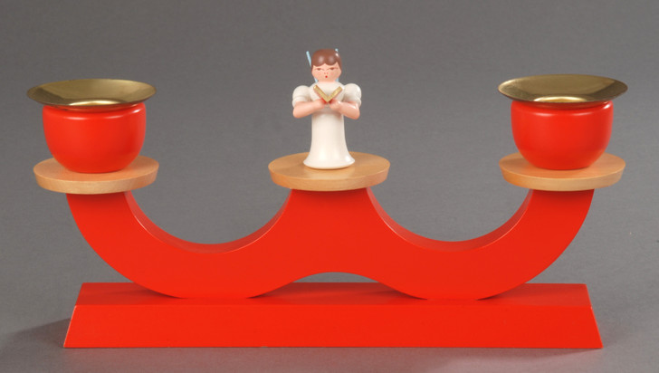 Table candlestick, red - standing angel with hymn book – alternate view of the wooden candleholder