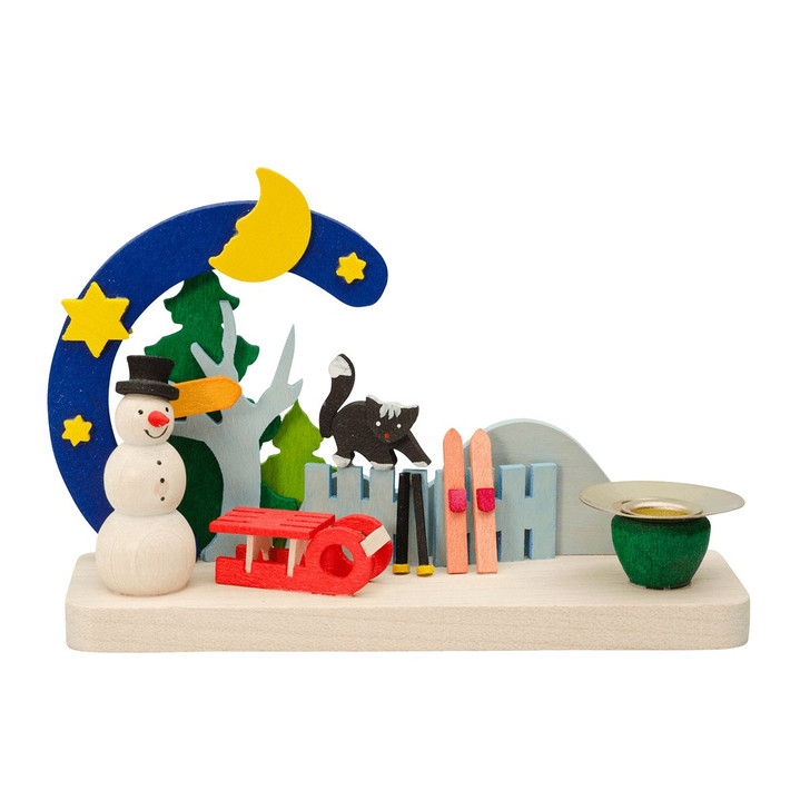 Snowman with Cat - Miniature Arch Wooden Candleholder – wooden candleholder by Graupner Holzminiaturen