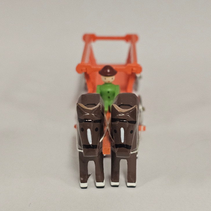 Horses Pulling Orange Cart - Wooden German Figurine – detail view of the Christmas ornament