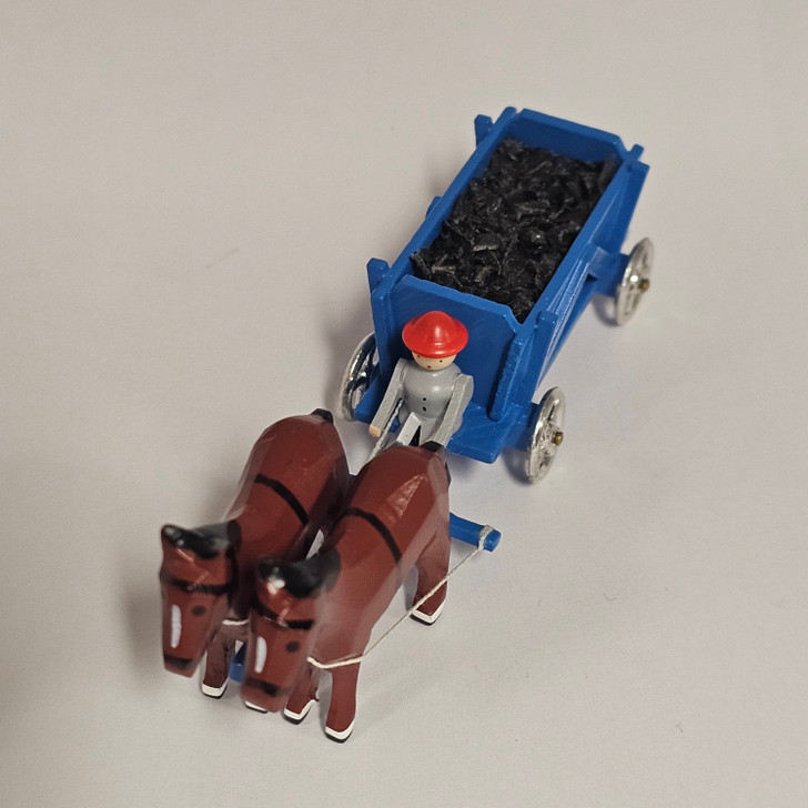 Horses Pulling Coal Blue Wagon - Wooden German Figurine – detail view of the Christmas ornament