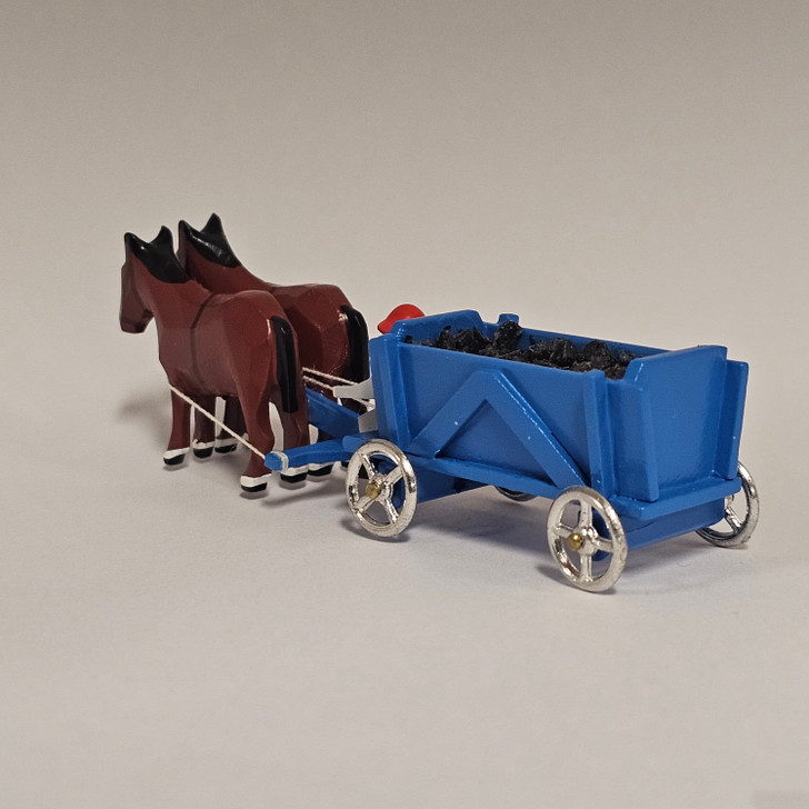 Horses Pulling Coal Blue Wagon - Wooden German Figurine – side view of the Christmas ornament
