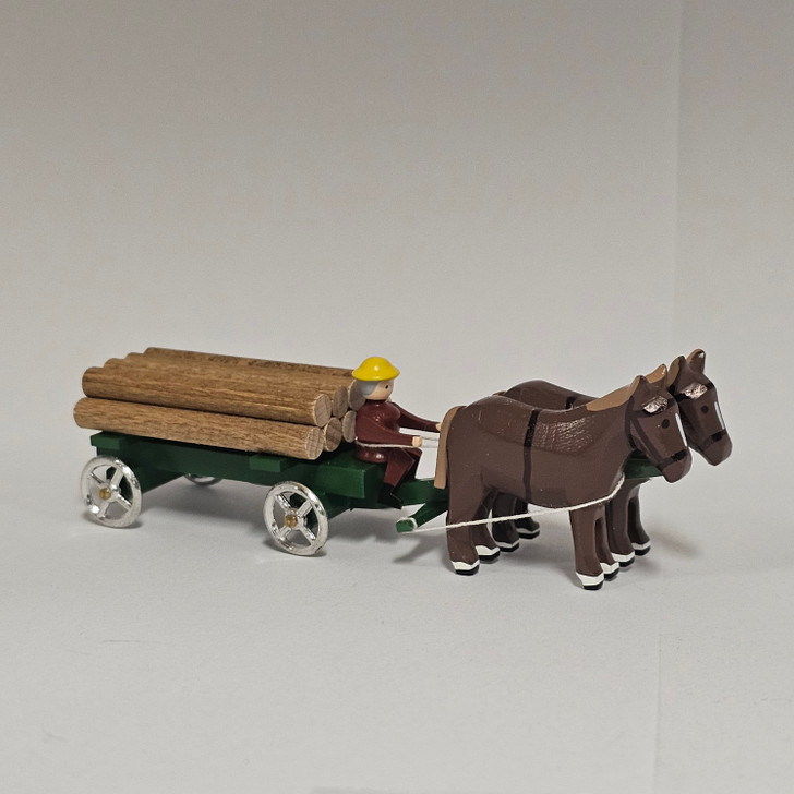 Horses Pulling Green Timber Wagon - Wooden German Figurine