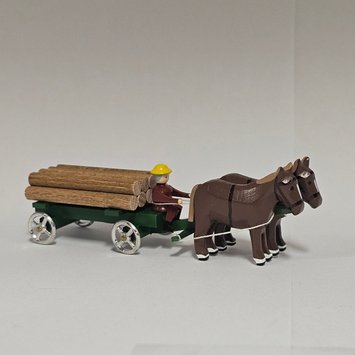 Horses Pulling Green Timber Wagon - Wooden German Figurine