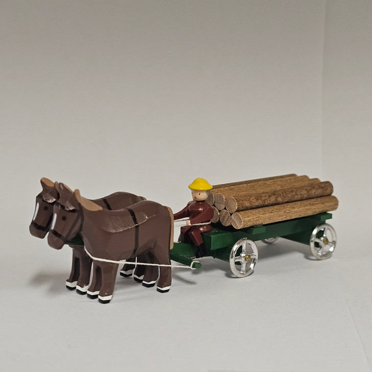 Horses Pulling Green Timber Wagon - Wooden German Figurine