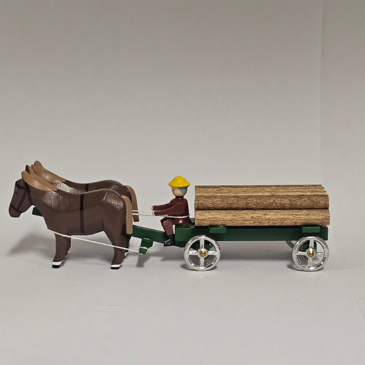 Horses Pulling Green Timber Wagon - Wooden German Figurine