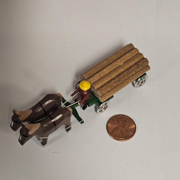 Horses Pulling Green Timber Wagon - Wooden German Figurine