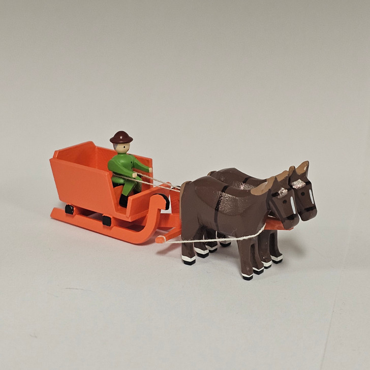 Horses Pulling Empty Orange Sleigh - Wooden German Figurine – Christmas ornament by Volker & Heiko Flath