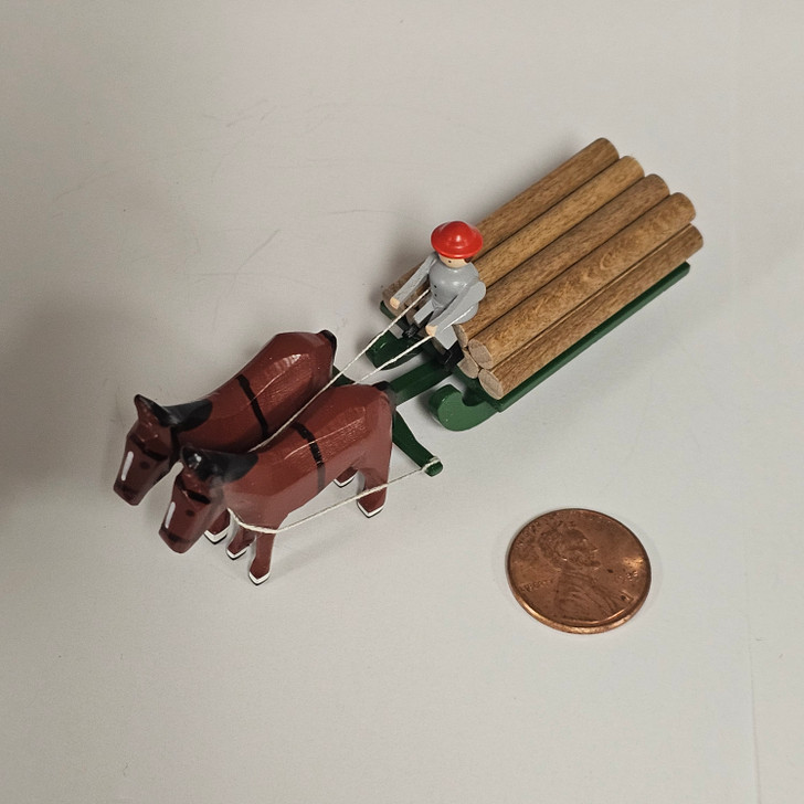 Horses Pulling Green Timber Sleigh - Wooden German Figurine – alternate view of the Christmas ornament