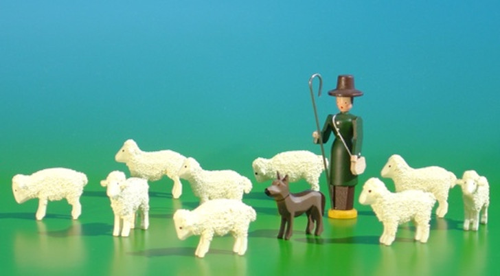 Shepherd and Dog with 9 Painted Sheep Handmade Wooden German Figurines