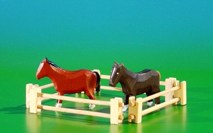 Wooden German Figurine Horse Pair in Fence