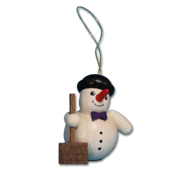 Snowman and Shovel Ornament | 2 Inches Tall – side view of the Christmas ornament