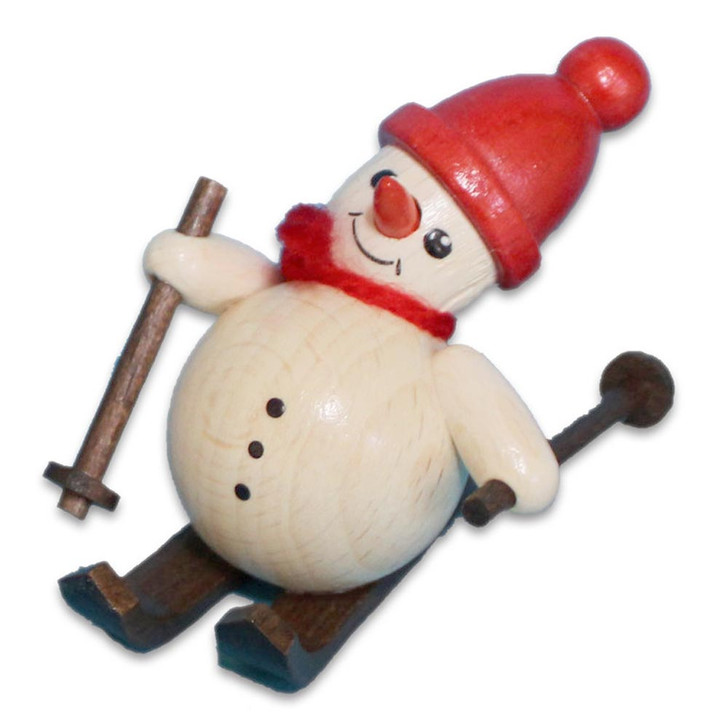 Skiing Snowman Leaning Backward Figurine | 2 Inches Tall – side view of the Christmas ornament