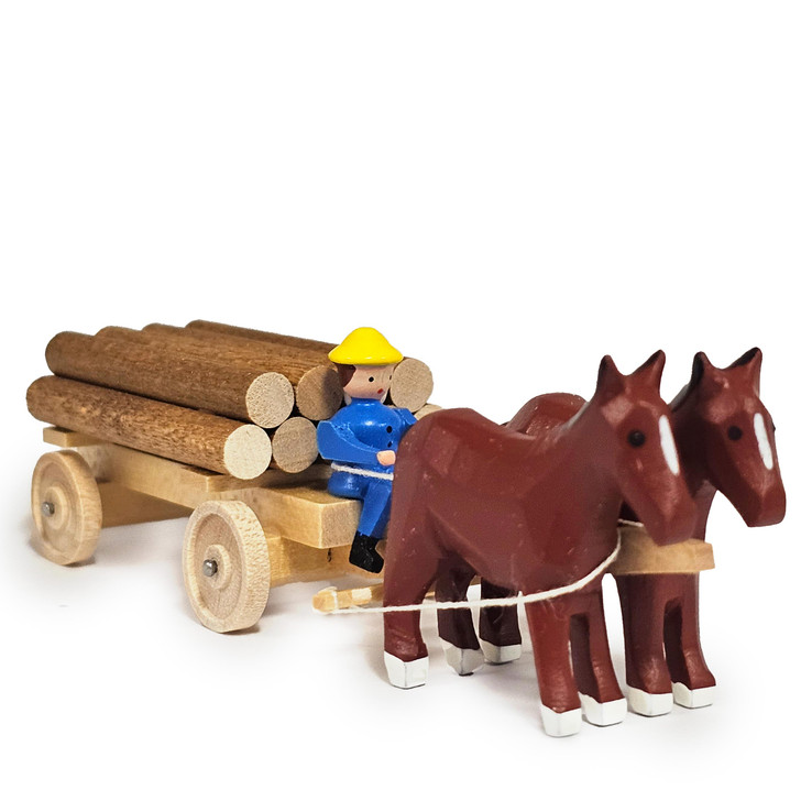 Horses Pulling Natural Sleigh - Wooden German Figurine