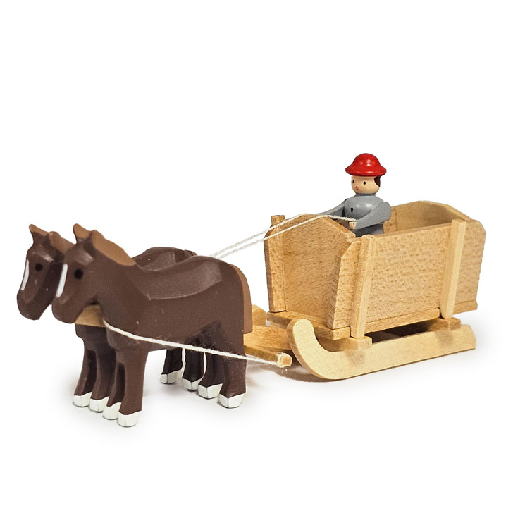 Horses Pulling Natural Box Sleigh Cart - Wooden German Figurine