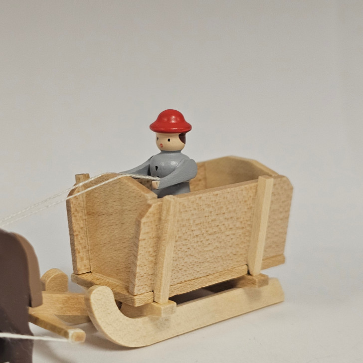 Horses Pulling Natural Box Sleigh Cart - Wooden German Figurine – side view of the Christmas ornament
