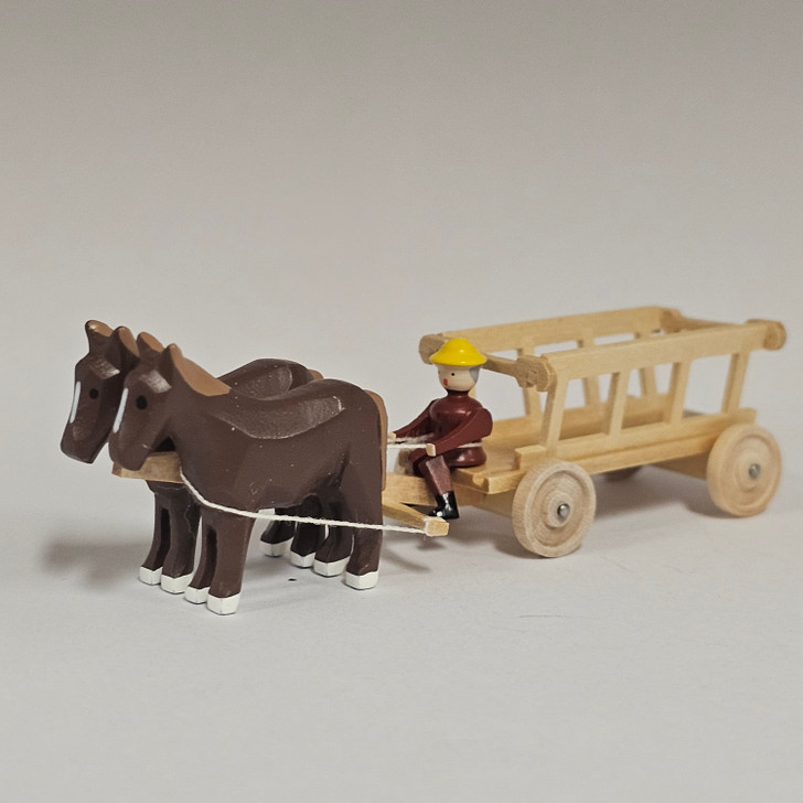 Horses Pulling Empty Cart - Natural Wooden German Figurine – Christmas ornament by Volker & Heiko Flath