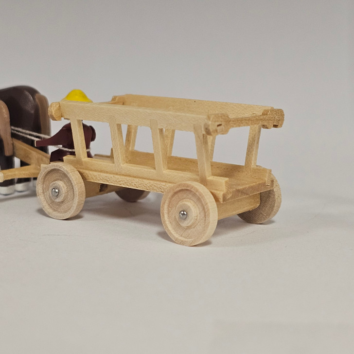 Horses Pulling Empty Cart - Natural Wooden German Figurine – side view of the Christmas ornament