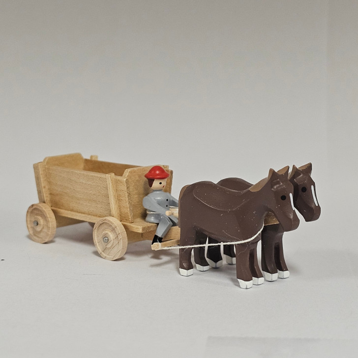 Horses Pulling Empty Wooden Cart - Natural Wooden German Figurine