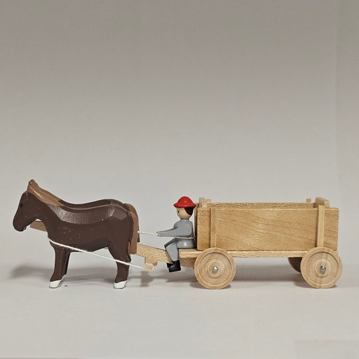 Horses Pulling Empty Wooden Cart - Natural Wooden German Figurine