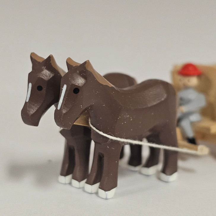 Horses Pulling Empty Wooden Cart - Natural Wooden German Figurine