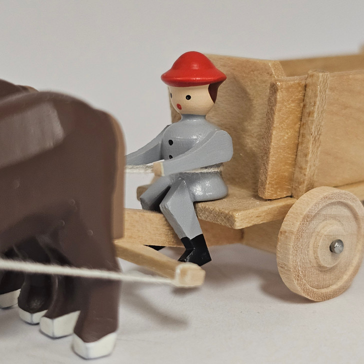 Horses Pulling Empty Wooden Cart - Natural Wooden German Figurine
